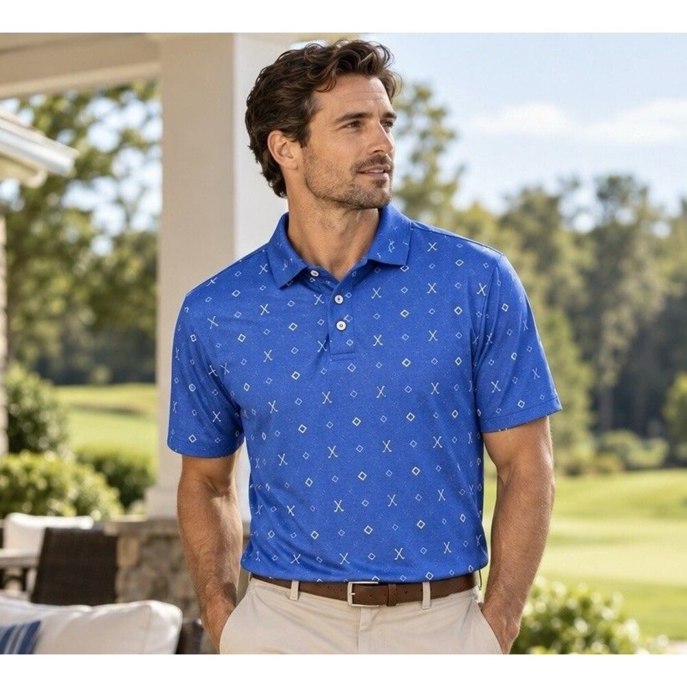 PGA Tour Men’s XL Blue Golf Polo Golf Club Print Performance Shirt